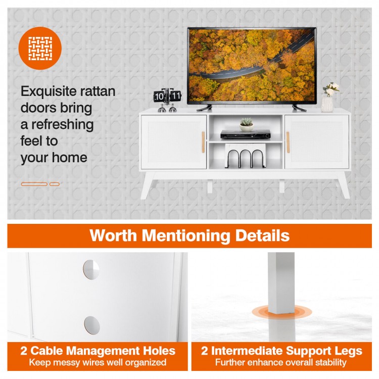 Mid-century modern white TV stand featuring rattan weaved doors and cable management for a tidy media setup.